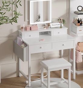 White Makeup Vanity Desk with Mirror and Lights, Vanity Set with Chair, Make Up Dresser Table with Drawers and UK Power Outlet for Girls Bedroom Small Space