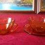 Vereco France Amber Glass 9 Piece Two Handled Soup Bowls and Cups And Saucer Image 7