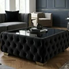 Chesterfield Coffee Table Velvet Rectangle 83x63x45cm with Glass