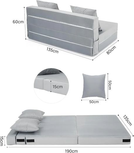 4-in-1 Folding Sofa Bed Double, Fold Out Sofa Couch with Velvet Cover & 2 Cushions, Floor Mattress Lounger for Living Room, Comfy Foldable Sofa Chair Bed, Removable Cover, Washable(135 190CM)