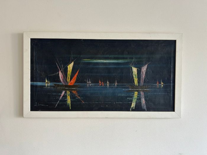 Vintage seascape oil painting with sailboats - framed