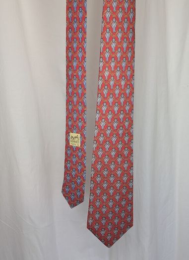 Hermes Paris Silk Tie Red Blue Chain Print Made In France Luxury Designer