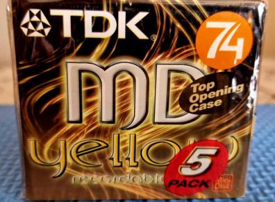 TDK Minidisc Yellow 74 Minutes, 5 pak, new, unopened.