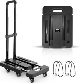 Folding Hand Truck, 6 Wheels Fold Up Hand Cart with 2 Elastic Ropes, Portable 225KG Capacity Heavy Duty Luggage Cart, Utility Dolly Platform Cart for Car House Office Luggage Moving, Black