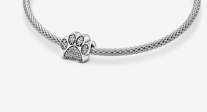 Pandora Moments Barrel Clasp Snake Chain Bracelet with silver Sparkling Paw Print Charm