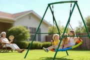 Swing Set for Backyard, 100 cm Saucer Swing Seat with Heavy Duty A-Frame Metal Stand, 199.6 kg Load Capacity, Reinforced with Spiral Ground Anchors, Swingset Outdoor for Kids, Green and Colorful