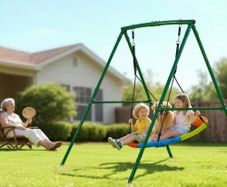Swing Set for Backyard, 100 cm Saucer Swing Seat with Heavy Duty A-Frame Metal Stand, 199.6 kg Load Capacity, Reinforced with Spiral Ground Anchors, Swingset Outdoor for Kids, Green and Colorful