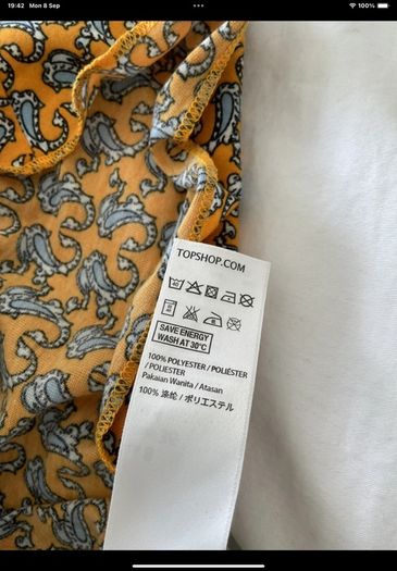 topshop size 8 off shoulder mustard pattern top
