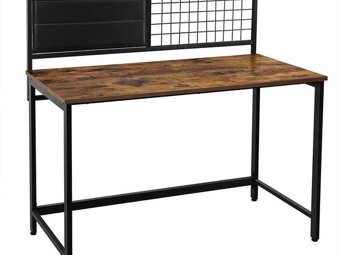 Computer table, desk, with grid and storage compartments made of fabric, steel frame, 118 cm long, industrial design, vintage brown-black