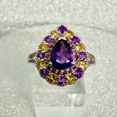 African Amethyst, Citrine & Rhodolite Garnet Ring