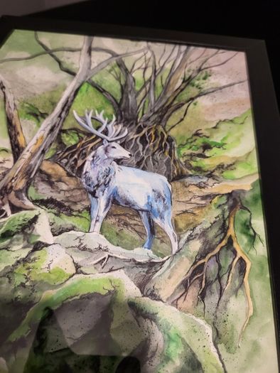 Watercolor painting with black frame. forest deer