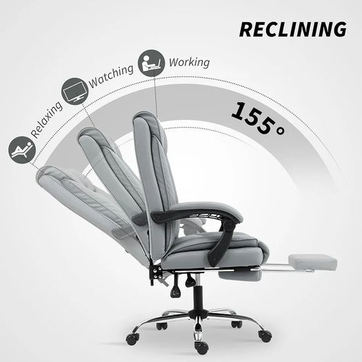 Office Chair with Footrest, Pet-Friendly Leather Reclining Ergonomic Computer Desk Chair with Double-Layer Padding, Upholstered Swivel Recliner for Home Office, Working, Black