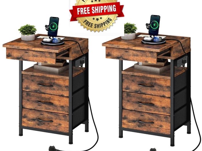 Bedside Table with Charging Station, Side Table with 4 Drawers, 2 AC Outlets, 1 USB-A, 1 Type-C, Nightstand for Bedroom, Living Room, Rustic Brown and Black