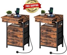 Bedside Table with Charging Station, Side Table with 4 Drawers, 2 AC Outlets, 1 USB-A, 1 Type-C, Nightstand for Bedroom, Living Room, Rustic Brown and Black