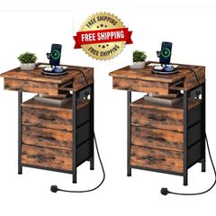Bedside Table with Charging Station, Side Table with 4 Drawers, 2 AC Outlets, 1 USB-A, 1 Type-C, Nightstand for Bedroom, Living Room, Rustic Brown and Black