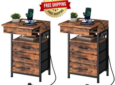 Bedside Table with Charging Station, Side Table with 4 Drawers, 2 AC Outlets, 1 USB-A, 1 Type-C, Nightstand for Bedroom, Living Room, Rustic Brown and Black