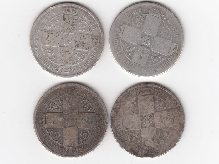 G.B. 4 x FLORINS, 2/-, 92.5% Silver, Victorian 'gothic' Coins ( no.487)