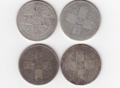 G.B. 4 x FLORINS, 2/-, 92.5% Silver, Victorian 'gothic' Coins ( no.487)