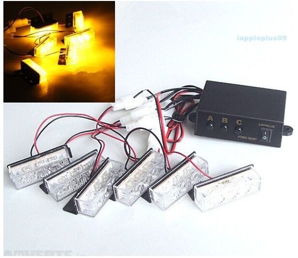 12V 6 Amber LED Flashing Grill Lights Bar Strobes Warning Lights