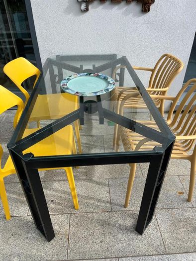 Alfrank metal and glazed dining table, black steel with safety glass tabletop