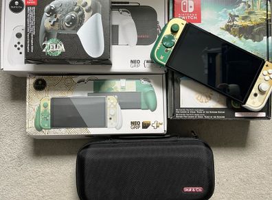 Nintendo Switch OLED Zelda Edition Bundle + Sealed Zelda Pro Controller + Skull & Co Grip & Maxcarry Case