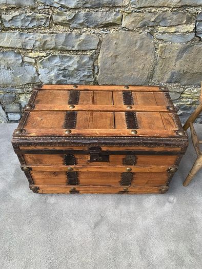 Late Victorian Antique Metal Bound Wooden Chest.