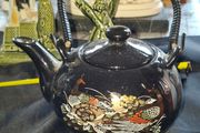 Chinese Porcelain Teapot peacock and floral patterns with gold black braided wicker or bamboo style handle, Postage Available or Collection