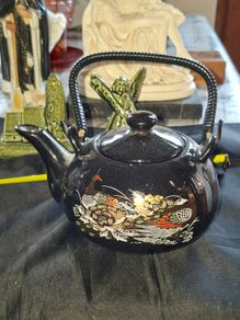 Chinese Porcelain Teapot peacock and floral patterns with gold black braided wicker or bamboo style handle, Postage Available or Collection