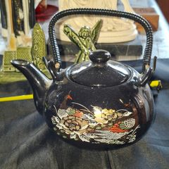 Chinese Porcelain Teapot peacock and floral patterns with gold black braided wicker or bamboo style handle, Postage Available or Collection