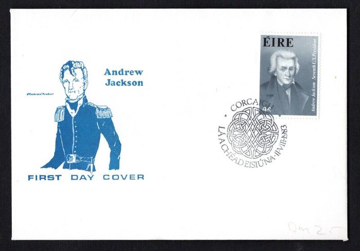 1983 Ireland Andrew Jackson Seventh U.S. President Commemorative Stamps Corkcoin Illustrated First Day Cover (FDC) with Corcaigh (Cork) pictorial cancel