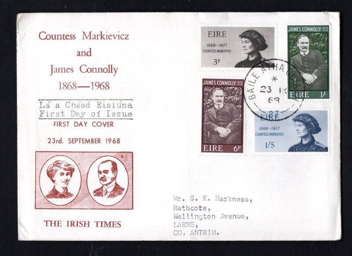 1968 Ireland Centenary of the Birth of Countess Mankiewicz & Centenary of the Birth of James Connolly Commemorative Stamps Illustrated addressed First Day Cover (FDC)