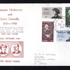 1968 Ireland Centenary of the Birth of Countess Mankiewicz & Centenary of the Birth of James Connolly Commemorative Stamps Illustrated addressed First Day Cover (FDC)