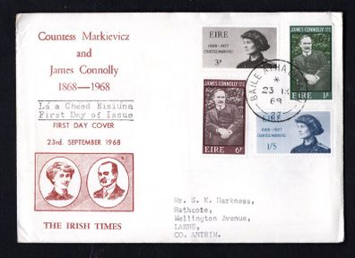 1968 Ireland Centenary of the Birth of Countess Mankiewicz & Centenary of the Birth of James Connolly Commemorative Stamps Illustrated addressed First Day Cover (FDC)