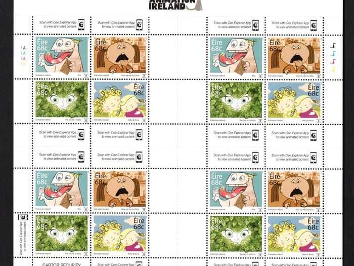 2015 Ireland Animation Ireland Commemorative Stamps Sheetlet Plate 1A1A1A1A Mint Never Hinged (MNH)
