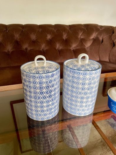Nicola Spring Hand Printed Kitchen Canisters   Blue and White