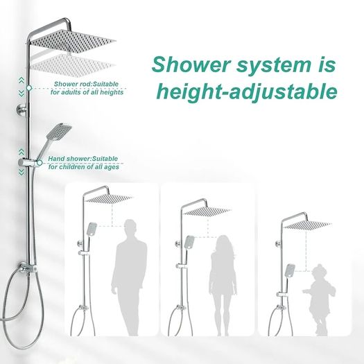 Shower Riser Rail Kit, with 10"(25cm) Square Rainfall ShowerHead and Handheld, 1.6m Hose Without Mixer, Shower Column for Bathroom, Chrome