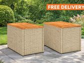 Garden Side Tables Set of 2 Poly Rattan Wood Top Outdoor Tables