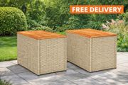 Garden Side Tables Set of 2 Poly Rattan Wood Top Outdoor Tables
