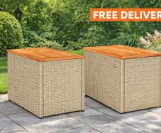 Garden Side Tables Set of 2 Poly Rattan Wood Top Outdoor Tables