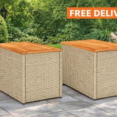 Garden Side Tables Set of 2 Poly Rattan Wood Top Outdoor Tables