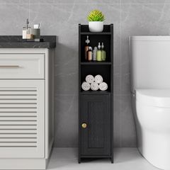 Bathroom Storage Cabinet, Freestanding Bathroom Organizer for Small Spaces, Narrow Toilet Paper Corner Floor with Door and Shelves,Black