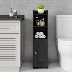 Bathroom Storage Cabinet, Freestanding Bathroom Organizer for Small Spaces, Narrow Toilet Paper Corner Floor with Door and Shelves,Black