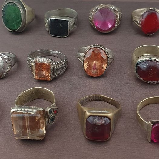 Antique Ring Collection Lot of 15 Mixed Brass Stone & Glass Rings