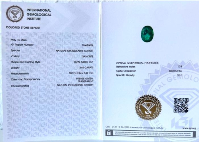 IGI Certified Ultra Rare 3.45ct Intense Green Tsavorite Garnet. Gold standard by IGI. Retail value when set between 12,000 to 15,000 euros.