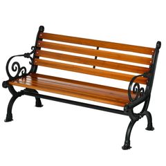 Two-Seater Bench with Decorative Armrests for Garden & Patio, Cast Aluminum + Natural Wood, 120 x 64 x 79 cm, Teak