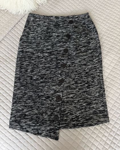 Marble Black & White Tweed Asymmetric Button Midi Skirt - Size EU 38