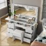 Vanity Desk with Power Outlet, 9 Drawers Makeup Vanity with Mirror and 12 LED Lights, 3 Lighting Modes, Glass Top Vanity Set, Fold-up Panel, Dressing Table for Bedroom, White Image 3