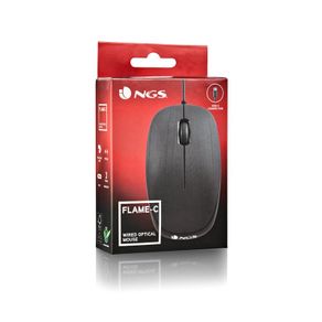 Type C NGS Flame-C Wired Optical Mouse, USB Port, 100 DPI, Plug and Play Installation, Ambidextrous, Scroll Wheel + 2 Buttons, Ergonomic Lines, Black
