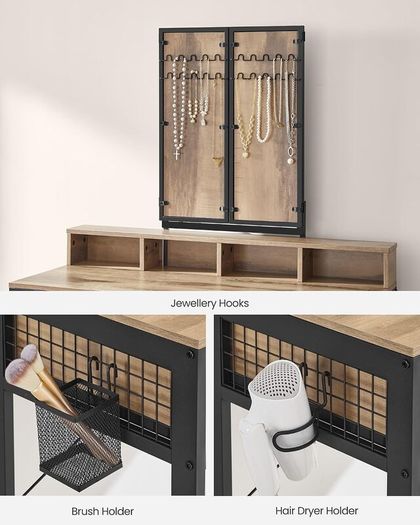 Dressing Table with Mirror and Stool, Vanity Table with Tri-Fold Mirror, 3 Drawers, Hair Dryer Holder