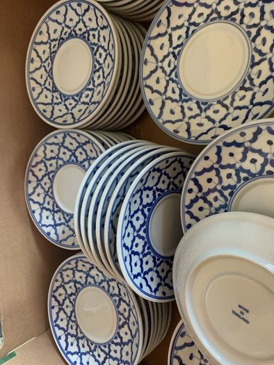 blue and white saucers